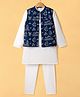 Pine Kids Cotton Woven Full Sleeves Kurta Pajama Set with Floral Embroidered Nehru Jacket - White & Navy