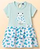Teddy Sinker Knit Half Sleeves Kitty & Hearts Printed Layered Frock With Bow Applique - Light Blue