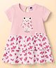 Teddy Sinker Knit Half Sleeves Kitty & Hearts Printed Layered Frock With Bow Applique - Pink
