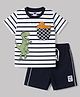 Teddy Sinker Knit Half Sleeves Striped T-Shirt & Shorts Set With Dino Print - Navy Blue