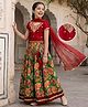 Pine Kids Woven Half Sleeves Floral Embroidered & Printed Lehenga Choli Set With Dupatta - Dark Red