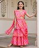 Pine Kids Woven Half Sleeves Floral Printed Choli & Layered Lehenga Set With Dupatta - Pink