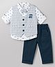 Mini Taurus Interlock Knit Full Sleeves 3 Piece Checks Party Suit With Bow Applique & Monkey Embroidery - Blue