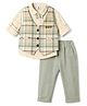 Mini Taurus Interlock Knit Full Sleeves Printed 3 Piece Checks Party Suit With Bow Applique - Green