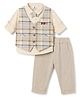 Mini Taurus Interlock Knit Full Sleeves 3 Piece Checks Party Suit With Bow Applique - Beige