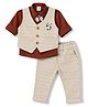 Mini Taurus Interlock Knit Full Sleeves 3 Piece Party Suit With Panda Print & Bow Applique - Beige & Rust Orange