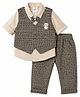 Mini Taurus 100% Cotton Knit Checked & Textured 3 Piece Party Suit With Bear Embroidery - Brown