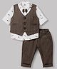 Mini Taurus 100% Cotton Knit Full Sleeves Printed Striped 3 Piece Party Suit With Bow Applique - Brown