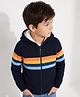 Pine Kids Knit Full Sleeves Front Open Hooded Sweater with Partially Stripes Design - Navy Blue