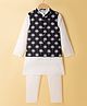 Pine Kids Cotton Woven Full Sleeves Solid Colour Kurta Pyjama Set with Floral Printed Nehru Jacket - White & Black