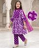 Pine Kids Cotton Woven Three Fourth Sleeves Kurti & Churidar Set With Dupatta & Floral Print - Purple