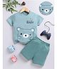 Unfab Cotton Knit Half Sleeves Teddy Printed Tee & Shorts Set - Light Green