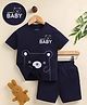 Unfab Cotton Knit Half Sleeves Teddy Printed Tee & Shorts Set - Navy