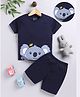 Unfab Cotton Knit Half Sleeves Koala Printed Tee & Shorts Set - Navy Blue