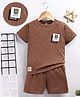 Unfab Cotton Knit  Half Sleeves Patch Detailed Textured Tee & Shorts Set - Brown