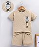 Unfab Cotton Knit Half Sleeves Patch Detailed Textured Tee & Shorts Set - Beige