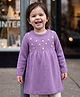 Babyhug Knit Full Sleeves Woollen Sweater Dress with Floral Embroidery - Lavender