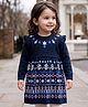 Babyhug Knit Full Sleeves Woollen Dress Frill Detailing With Floral Embroidery - Navy Blue