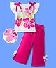 OLLINGTON ST. Sinker Cotton Knit Floral Printed Half Sleeve Frill Top & Culottes with Bow Applique- White & Pink