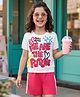 OLLINGTON ST. Sinker Knit Half Sleeves Top & Shorts Set With Text Print - White & Pink