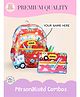 Rosada 14.5 inches DIY Red Truck School Bag Medium & Double Zip Pencil Pouch Combo With Keychain - Multicolour