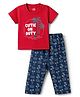 Doodle Poodle 100% Cotton Knit Half Sleeves Beach Theme Printed T-Shirt & Pyjama Night Suit - Red & Navy Blue