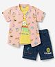 Dapper Dudes Cotton Mixes Knit Half Sleeves Beach Theme Printed Shirt & Shorts Set With T-Shirt - Peach