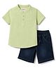 Babyhug Cotton Woven Half Sleeves Solid Colour Kurta Style Shirt & Denim Shorts Set - Light Green & Navy