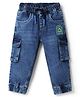 Babyhug Cotton Lycra Denim Full Length Beach Theme Embroidered Washed Jeans With Stretch & Cargo Pockets - Blue