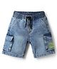 Babyhug Cotton Lycra Denim Mid Thigh Beach Theme Printed Washed Shorts With Cargo Pockets & Stretch - Blue