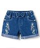 Olio Kids Denim Knit Above Knee Length Shorts with Floral Embroidery & Bow Applique- Royal Blue