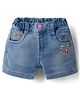 Olio Kids Denim Knit Above Knee Length Shorts with Leaves Embroidery - Light Blue