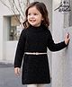 Babyhug Knit Full Sleeves Solid Colour Turtle Neck Sweater Dress with Belt- Black