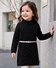 Babyhug Knit Full Sleeves Solid Colour Turtle Neck Sweater Dress with Belt- Black