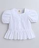 Aww Hunnie Cotton Woven Half Puffed Sleeves Solid Peplum Top - White