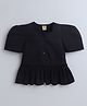 Aww Hunnie Cotton Woven Half Puffed Sleeves Solid Peplum Top - Black