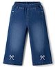 Babyhug Cotton Lycra Denim Full Length Washed Jeans With Stretch & Bow Applique - Navy Blue