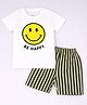 HRIT Cotton Knit Half Sleeves Smiley Face Printed Tee & Shorts Set - White & Olive Green
