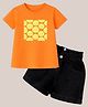 HRIT Cotton Knit Half Sleeves Lemon Printed Top & Denim Shorts Set - Orange & Black