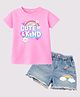 HRIT Cotton Knit Half Sleeves Rainbow Printed Top & Denim Shorts Set - Pink & Blue