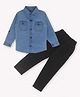 HRIT Denim Knit Full Sleeves Pocket Detailed Shirt & Pant Set - Blue & Black