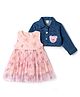 ToffyHouse Cotton Woven Frock and Jacket with Full Sleeves and Bear Applique in Light Pink