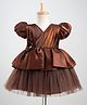 Bluebell Tissue Woven Sleeveless Party Dress with Floral Applique & Pin Tucked Design - Brown