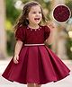 Bluebell Satin Woven Half Sleeves Party Dress With Floral Applique & Lace Embellished - Maroon