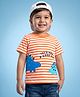Babyhug 100% Cotton Knit Half Sleeves Striped & Dino Embroidered T-Shirt - Orange