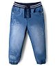 Babyhug Cotton Lycra Denim Full Length Jogger With Vehicle Embroidery - Navy Blue