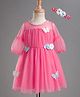 Enfance Net Woven Full Sleeves Party Dress & Headband With Floral & Butterfly Applique - Pink