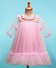 Enfance Net Woven Three Forth Sleeves Floral Applique Solid Party Dress With Pearl Embellishment - Pink