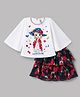 Enfance  Knitted Flared Sleeves Top & Skirt Set with Floral Print - Navy Blue