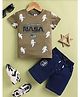 UNO KIDS 100% Lyocell Knit Half Sleeves Nasa Theme Printed Tee & Shorts - Dark Beige